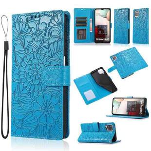 For Samsung Galaxy A12 Skin Feel Embossed Sunflower Horizontal Flip Leather Case with Holder & Card Slots & Wallet & Lanyard(Blue)
