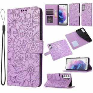 For Samsung Galaxy S21 5G Skin Feel Embossed Sunflower Horizontal Flip Leather Case with Holder & Card Slots & Wallet & Lanyard(Purple)