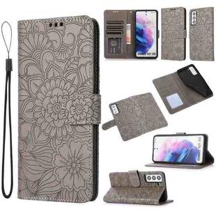 For Samsung Galaxy S21 5G Skin Feel Embossed Sunflower Horizontal Flip Leather Case with Holder & Card Slots & Wallet & Lanyard(Gray)