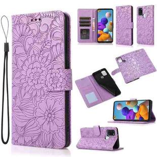 For Samsung Galaxy A21s Skin Feel Embossed Sunflower Horizontal Flip Leather Case with Holder & Card Slots & Wallet & Lanyard(Purple)