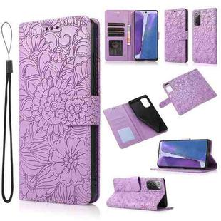 For Samsung Galaxy Note20 Skin Feel Embossed Sunflower Horizontal Flip Leather Case with Holder & Card Slots & Wallet & Lanyard(Purple)