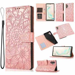 For Samsung Galaxy Note10+ Skin Feel Embossed Sunflower Horizontal Flip Leather Case with Holder & Card Slots & Wallet & Lanyard(Rose Gold)