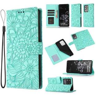 For Samsung Galaxy S20 Ultra Skin Feel Embossed Sunflower Horizontal Flip Leather Case with Holder & Card Slots & Wallet & Lanyard(Green)