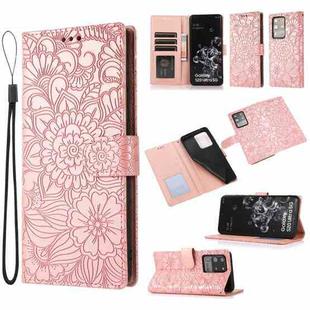 For Samsung Galaxy S20 Ultra Skin Feel Embossed Sunflower Horizontal Flip Leather Case with Holder & Card Slots & Wallet & Lanyard(Rose Gold)