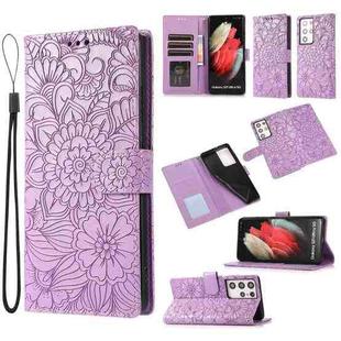 For Samsung Galaxy S21 Ultra 5G Skin Feel Embossed Sunflower Horizontal Flip Leather Case with Holder & Card Slots & Wallet & Lanyard(Purple)