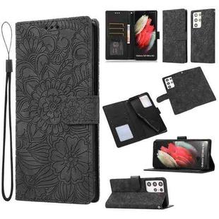 For Samsung Galaxy S21 Ultra 5G Skin Feel Embossed Sunflower Horizontal Flip Leather Case with Holder & Card Slots & Wallet & Lanyard(Black)