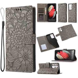 For Samsung Galaxy S21 Ultra 5G Skin Feel Embossed Sunflower Horizontal Flip Leather Case with Holder & Card Slots & Wallet & Lanyard(Gray)