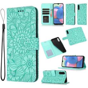 For Samsung Galaxy A30s Skin Feel Embossed Sunflower Horizontal Flip Leather Case with Holder & Card Slots & Wallet & Lanyard(Green)