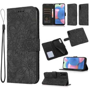 For Samsung Galaxy A30s Skin Feel Embossed Sunflower Horizontal Flip Leather Case with Holder & Card Slots & Wallet & Lanyard(Black)
