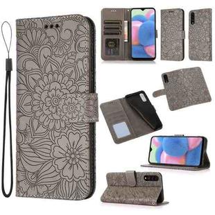 For Samsung Galaxy A30s Skin Feel Embossed Sunflower Horizontal Flip Leather Case with Holder & Card Slots & Wallet & Lanyard(Gray)