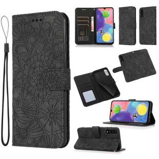 For Samsung Galaxy A70s Skin Feel Embossed Sunflower Horizontal Flip Leather Case with Holder & Card Slots & Wallet & Lanyard(Black)