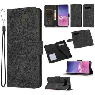 For Samsung Galaxy S10+ Skin Feel Embossed Sunflower Horizontal Flip Leather Case with Holder & Card Slots & Wallet & Lanyard(Black)
