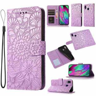 For Samsung Galaxy A40 Skin Feel Embossed Sunflower Horizontal Flip Leather Case with Holder & Card Slots & Wallet & Lanyard(Purple)