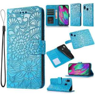 For Samsung Galaxy A40 Skin Feel Embossed Sunflower Horizontal Flip Leather Case with Holder & Card Slots & Wallet & Lanyard(Blue)