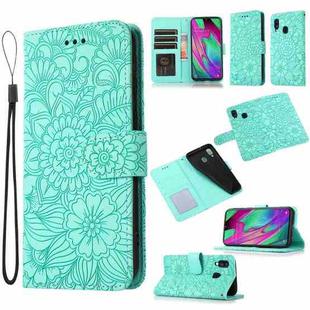 For Samsung Galaxy A40 Skin Feel Embossed Sunflower Horizontal Flip Leather Case with Holder & Card Slots & Wallet & Lanyard(Green)