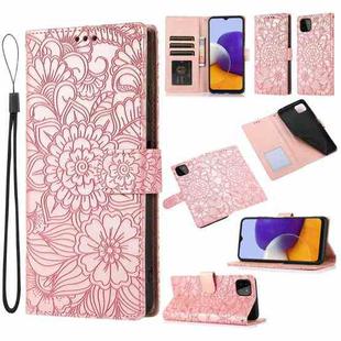 For Samsung Galaxy A22 5G Skin Feel Embossed Sunflower Horizontal Flip Leather Case with Holder & Card Slots & Wallet & Lanyard(Rose Gold)