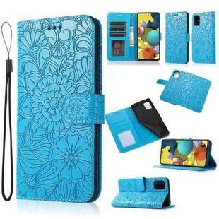 For Samsung Galaxy A51 Skin Feel Embossed Sunflower Horizontal Flip Leather Case with Holder & Card Slots & Wallet & Lanyard(Blue)