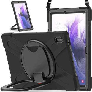 For Samsung Galaxy Tab S7 FE T730 Silicone + PC Protective Case with Holder & Shoulder Strap(Black+Black)