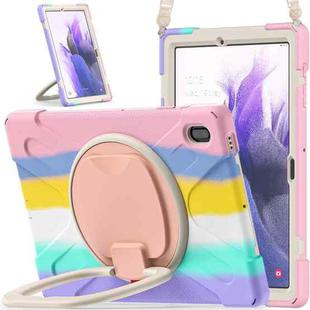 For Samsung Galaxy Tab S7 FE T730 Silicone + PC Protective Case with Holder & Shoulder Strap(Colorful Pink)