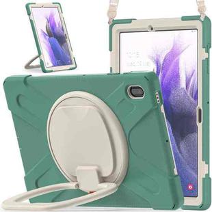 For Samsung Galaxy Tab S7 FE T730 Silicone + PC Protective Case with Holder & Shoulder Strap(Emerald Green)