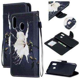 For Samsung Galaxy A20 / A30 Colored Drawing Pattern Cross Texture Horizontal Flip PU Leather Case with Holder & Card Slots & Wallet(White Flower)