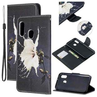 For Samsung Galaxy A20e Colored Drawing Pattern Cross Texture Horizontal Flip PU Leather Case with Holder & Card Slots & Wallet(White Flower)