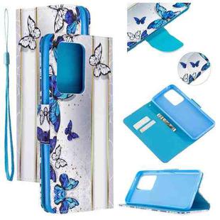 For Samsung Galaxy S20 Ultra Colored Drawing Pattern Cross Texture Horizontal Flip PU Leather Case with Holder & Card Slots & Wallet(Blue Butterfly)