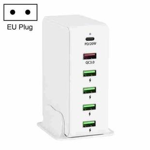 6 in 1 65W PD USB-C / Type-C + QC 3.0 USB + 4 USB Multi-port Travel Charger, EU Plug(White)