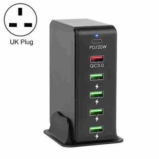 6 in 1 65W PD USB-C / Type-C + QC 3.0 USB + 4 USB Multi-port Travel Charger, UK Plug(Black)