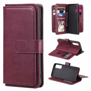 For Samsung Galaxy S21 FE Multifunctional Magnetic Copper Buckle Horizontal Flip Solid Color Leather Case with 10 Card Slots & Wallet & Holder & Photo Frame(Wine Red)