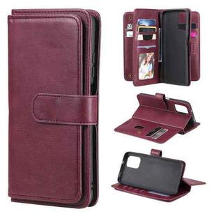 For Xiaomi Redmi Note 10 4G Multifunctional Magnetic Copper Buckle Horizontal Flip Solid Color Leather Case with 10 Card Slots & Wallet & Holder & Photo Frame(Wine Red)