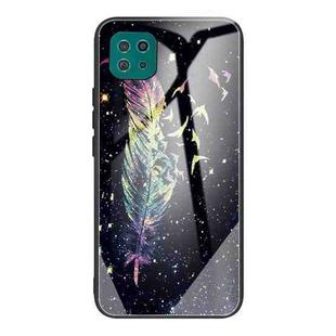 For Samsung Galaxy A22 5G Colorful Painted Glass Shockproof Protective Case(Feather)