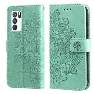 For OPPO Reno 6 Pro 5G 7-petal Flowers Embossing Pattern Horizontal Flip PU Leather Case with Holder & Card Slots & Wallet & Photo Frame(Green)