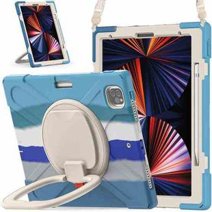For iPad Pro 12.9 2022 / 2021 Silicone + PC Protective Tablet Case with Holder & Shoulder Strap(Colorful Blue)