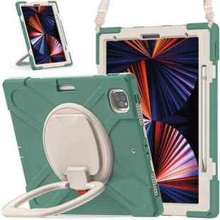 For iPad Pro 12.9 2022 / 2021 Silicone + PC Protective Tablet Case with Holder & Shoulder Strap(Emerald Green)