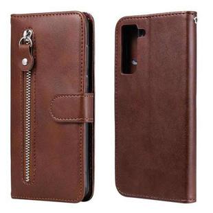 For Samsung Galaxy S21 FE Fashion Calf Texture Zipper Horizontal Flip Leather Case with Holder & Card Slots & Wallet(Brown)