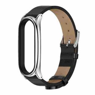 For Xiaomi Mi Band 6 / 5 / 4 / 3 Mijobs Metal Case Crazy Horse Texture PU Microfiber Plus Watch Band(Black Silver)