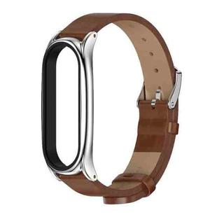 For Xiaomi Mi Band 6 / 5 / 4 / 3 Mijobs Metal Case Crazy Horse Texture PU Microfiber Plus Watch Band(Brown Silver)