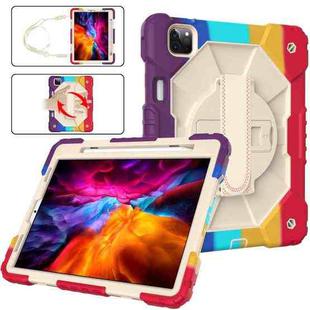 For iPad Pro 11 2022 / 2021 / 2020 / 2018 / Air 2020 10.9 Contrast Color Robot Shockproof Silicone PC Tablet Case with Holder & Shoulder Strap(Colorful Red Beige)