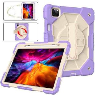 For iPad Pro 11 2022 / 2021 / 2020 / 2018 / Air 2020 10.9 Contrast Color Robot Shockproof Silicone PC Tablet Case with Holder & Shoulder Strap(Purple Beige)