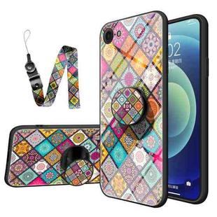 Painted Ethnic Pattern Tempered Glass TPU Shockproof Case with Folding Magnetic Holder & Neck Strap For iPhone SE 2022 / SE 2020 / 8 / 7(Checkered)