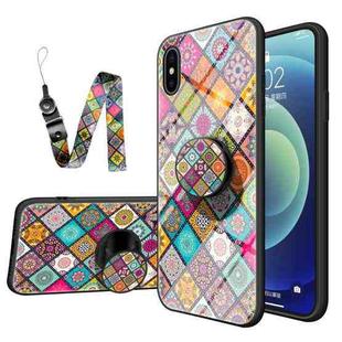 Painted Ethnic Pattern Tempered Glass TPU Shockproof Case with Folding Magnetic Holder & Neck Strap For iPhone XS / X(Checkered)