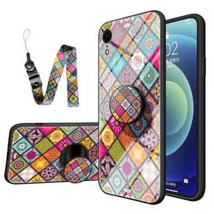 Painted Ethnic Pattern Tempered Glass TPU Shockproof Case with Folding Magnetic Holder & Neck Strap For iPhone XR(Colorful)