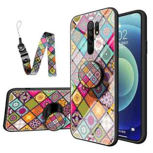 For Xiaomi Redmi 9 Painted Ethnic Pattern Tempered Glass TPU Shockproof Case with Folding Magnetic Holder & Neck Strap(Colorful)