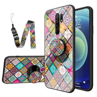 For Xiaomi Redmi 9 Painted Ethnic Pattern Tempered Glass TPU Shockproof Case with Folding Magnetic Holder & Neck Strap(Checkered)