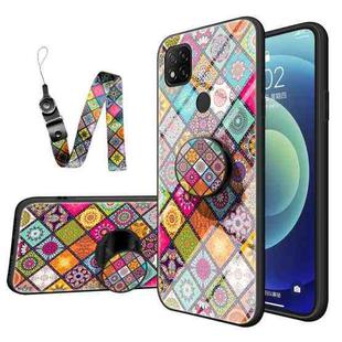 For Xiaomi Redmi 9C Painted Ethnic Pattern Tempered Glass TPU Shockproof Case with Folding Magnetic Holder & Neck Strap(Colorful)