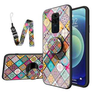 For Xiaomi Redmi 10X 4G Painted Ethnic Pattern Tempered Glass TPU Shockproof Case with Folding Magnetic Holder & Neck Strap(Checkered)
