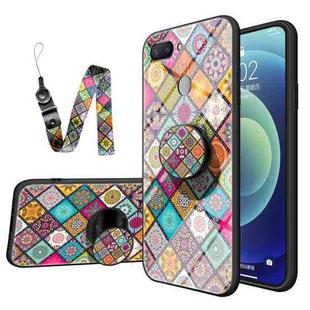 For Xiaomi Redmi Note 10 4G / Note 10S Painted Ethnic Pattern Tempered Glass TPU Shockproof Case with Folding Magnetic Holder & Neck Strap(Checkered)