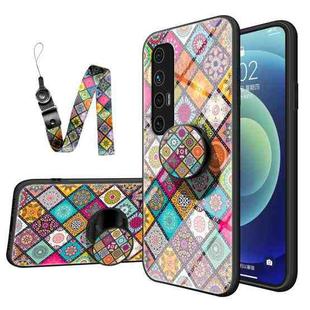 For Xiaomi Mi 10S Painted Ethnic Pattern Tempered Glass TPU Shockproof Case with Folding Magnetic Holder & Neck Strap(Checkered)