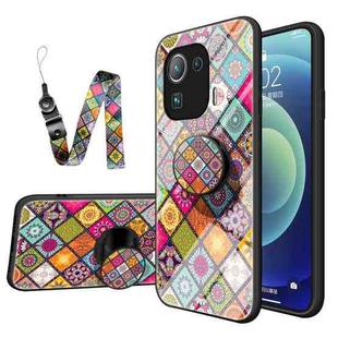 For Xiaomi Mi 11 Pro Painted Ethnic Pattern Tempered Glass TPU Shockproof Case with Folding Magnetic Holder & Neck Strap(Colorful)